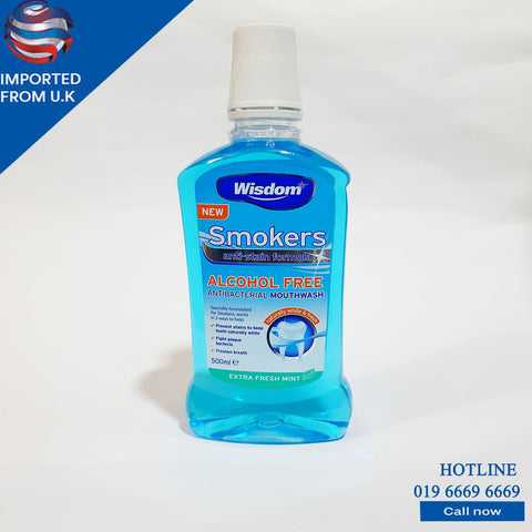 WISDOM SMOKERS ALCOHOL FREE ANTIBACTERIAL MOUTHWASH EXTRA FRESH MINT 500ML